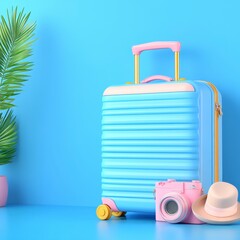 Obraz premium Pastel Suitcase, Camera, and Hat on Blue Background
