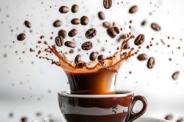 High-speed shot of coffee beans falling into a cup of dark coffee, creating a dramatic splash effect, crystal-clear resolution with a white backdrop.