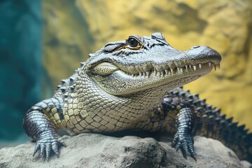 Fototapeta premium Green reptile in water, close-up