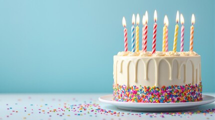 Birthday cake with lit candles and colorful sprinkles.