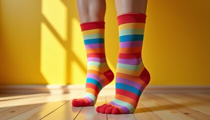 Legs wearing rainbow striped toe socks against a yellow background