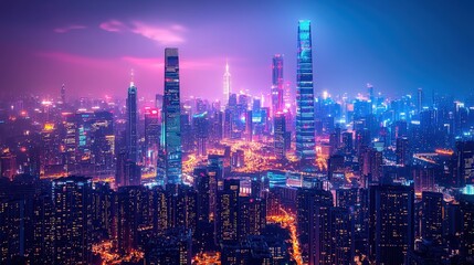 Fototapeta premium A stunning night view of a vibrant city skyline illuminated by colorful lights, showcasing towering skyscrapers against a twilight sky.