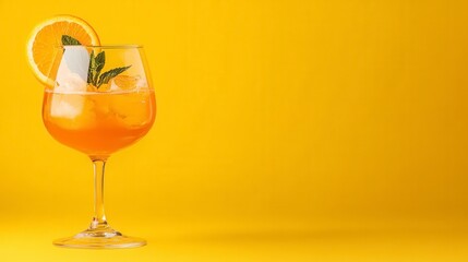 Refreshing Orange Cocktail with Mint Garnish on Yellow Background