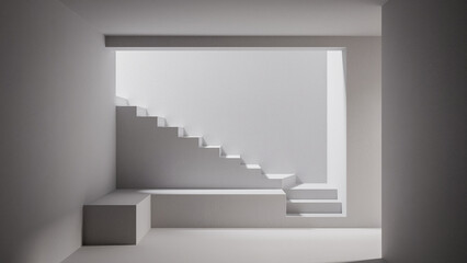 Fototapeta premium A white staircase is shown in a room with a white wall. The staircase is empty and the room is dimly lit premium photo 3d render