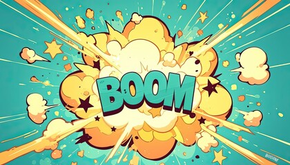 Naklejka premium Cartoon text BOOM with an explosion in a light blue scene for design
