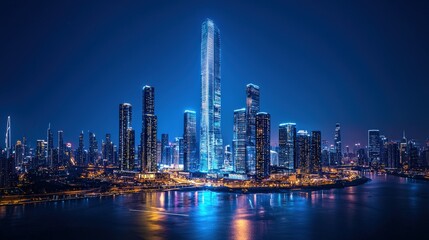 Fototapeta premium A stunning city skyline at night, featuring illuminated skyscrapers and a vibrant atmosphere reflected on the water.