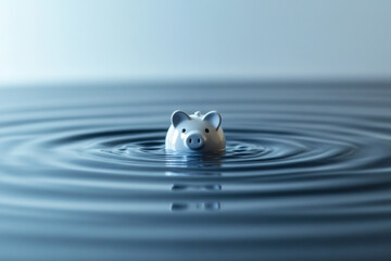 A small piggy bank partially submerged in water, creating ripples on a calm blue surface, symbolizing financial uncertainty and savings.