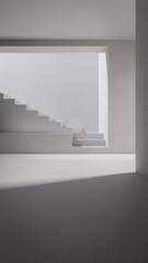 Fototapeta premium A white staircase is shown in a room with a white wall. The staircase is empty and the room is dimly lit premium photo 3d render