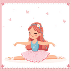 Pretty and gentle ballerina girl in pink and blue dress doing the splits in the room on white background. Poster, Banner, Flyer, Greeting Card. Vector illustration in flat cartoon style
