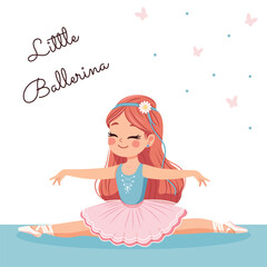 Pretty and gentle ballerina girl in pink and blue dress doing the splits in the room on white background. Poster, Banner, Flyer, Greeting Card. Vector illustration in flat cartoon style