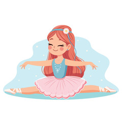 Pretty and gentle ballerina girl in pink and blue dress doing the splits in the room on white background. Poster, Banner, Flyer, Greeting Card. Vector illustration in flat cartoon style