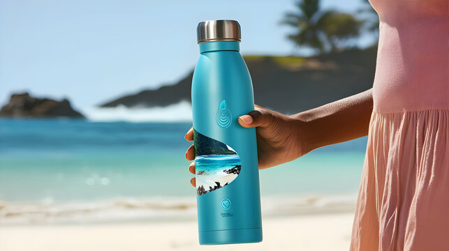 Woman holds water bottle, beach background, summer hydration