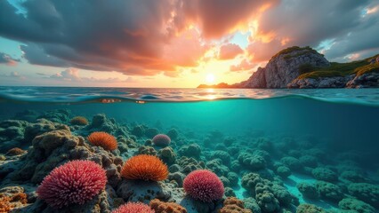 Naklejka premium Split-view of coral reef affected by bleaching with vibrant sunset sky above 