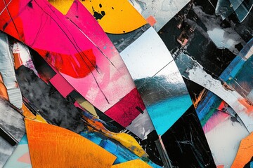Colorful abstract background, vivid splashes of paint in shades of red, orange, yellow, pink and blue on a dark canvas.