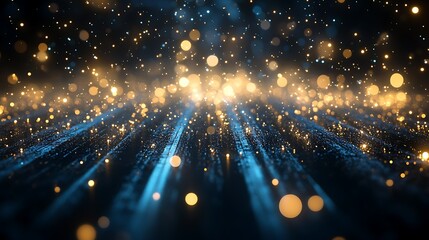 Fototapeta premium Sparkling golden blue particles, abstract background, futuristic design, website banner