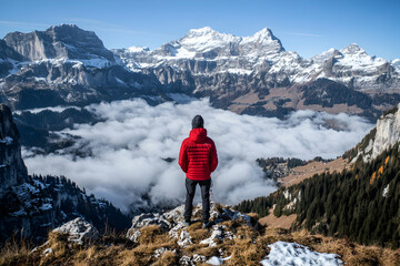 Fototapeta premium Man in red jacket stands on mountain peak overlooking stunning snow-capped Alps, clouds below. Breathtaking view of valley and peaks.