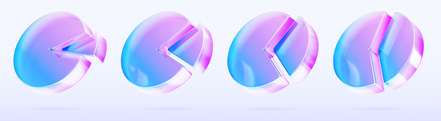 3d set of glass holographic transparent pie chart with different percentage shares icon. Rainbow gradient circle diagram, infographic render graph with percent sectors for web design. 3D illustration