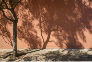 Fototapeta premium Tree Casting Shadows on an Orange Wall, Representing Peaceful Nature with Textured and Earthy Tones