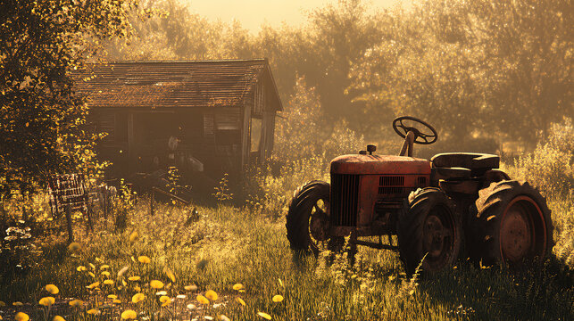Rusty old tractor and antique tractor in a vintage farm setting during a warm afternoon light