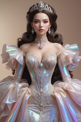 Elegant fashion model in a stunning iridescent gown showcasing intricate designs and accessories in a captivating portrait