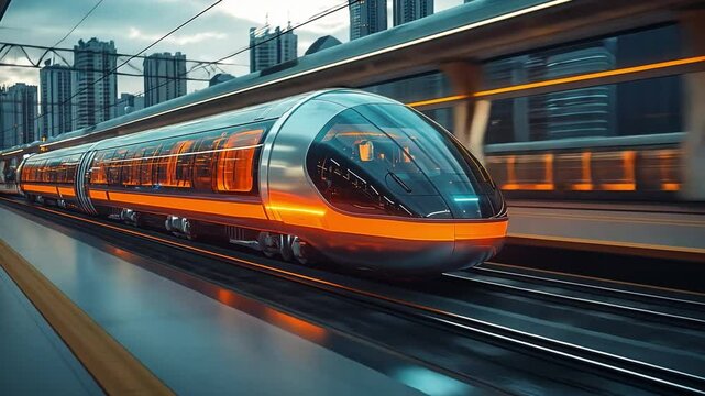 Futuristic Rail Transit: A high-speed train streaks along the tracks in a futuristic city, embodying the efficiency and innovation of modern transportation.