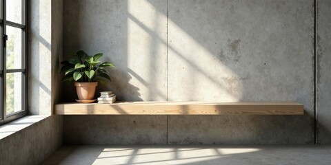 A minimalist wooden shelf against a textured concrete wall, bathed in sunlight, featuring a potted plant and a stack of books.