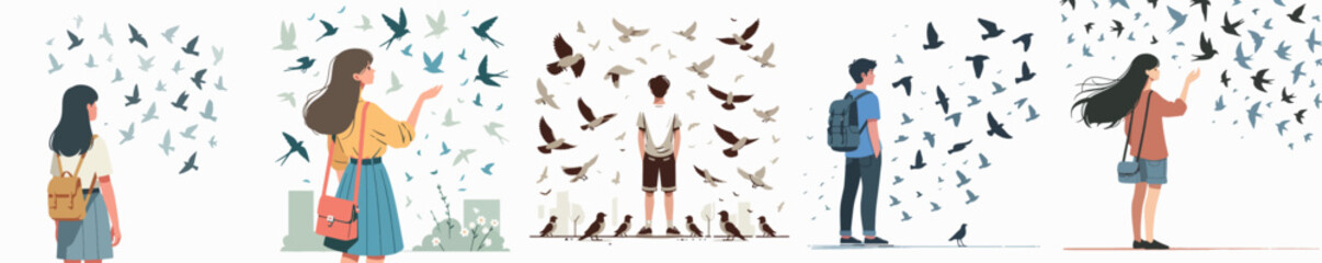 Vector of a teenager standing looking at many birds flying with a simple and minimalist flat design style, plain white background