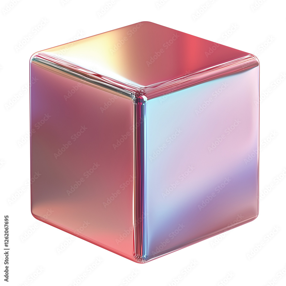 Poster iridescent pink cube holographic geometric shape 3d render abstract background, isolated on transpar