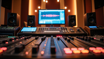 Illuminated faders on audio console - sound engineering craft