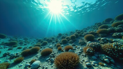 Obraz premium Underwater view of a coral reef affected by bleaching with sunlight streaming down 