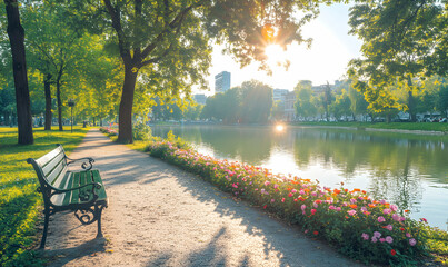 Fototapeta premium Serene park bench by tranquil lake at sunrise, sunbeams filtering through lush green trees, vibrant flowerbeds. Perfect for relaxation and peaceful moments.