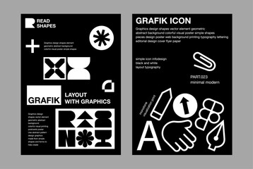 Bold line icon and unique shapes element poster style template set simple type pencil clip hand fountain pen arrow custom shape layout editorial design minimal modern paper page print book flyer