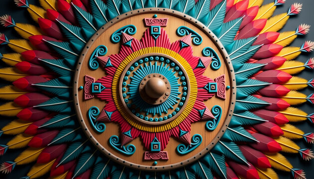 Ancient Aztec war shield background featuring a wooden shield adorned with colorful feathers and geometric symbols, representing warrior strength, bold and decorative