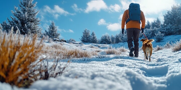 Adventurous hike with dog in snowy field on a mountain trail. Scenic winter landscape.