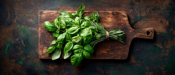 Freshly gathered green herbs on a rustic wooden board showcasing nature's vibrant bounty for culinary delights