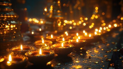 Naklejka premium Hindu temple with lit candles on the ground, creating a warm glow against the darkness.