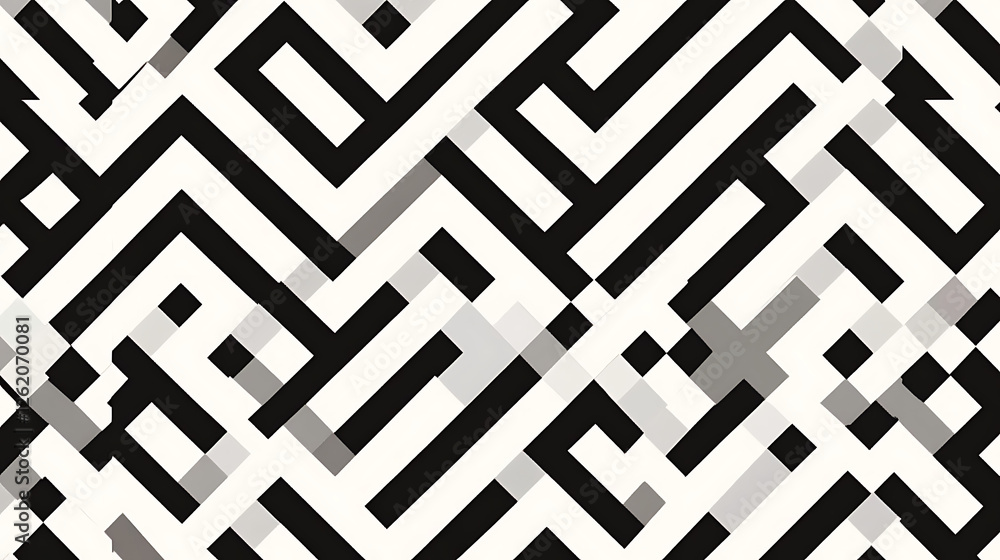 Poster abstract black and white interwoven linear maze design pattern with optical illusion style