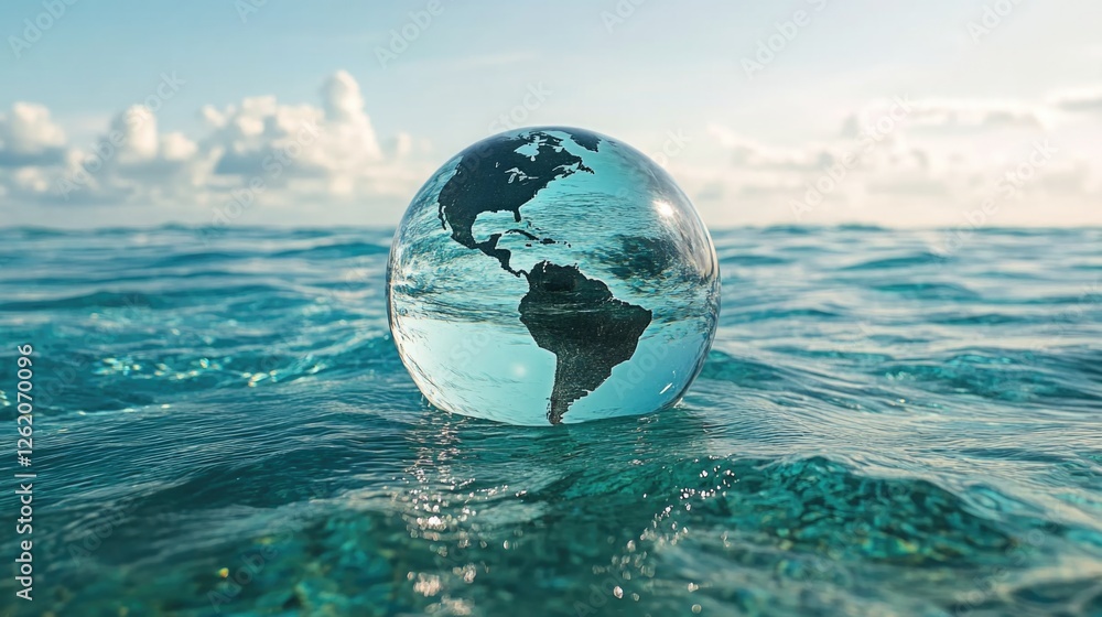 Poster an underwater perspective of the earth's globe, emphasizing its vulnerable status amidst environment