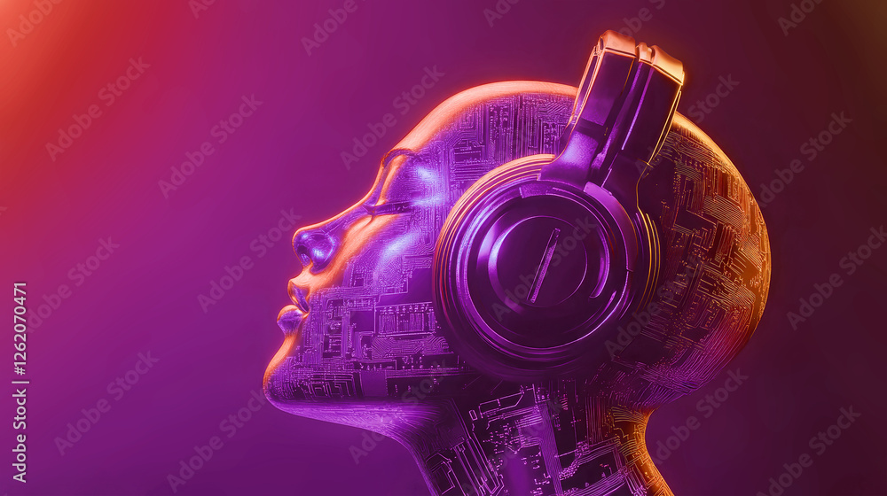 Poster futuristic ai robot from a close-up perspective, showcasing intricate circuit board patterns with vi