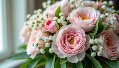 Obraz premium Delicate pink roses arranged in a beautiful bouquet indoors