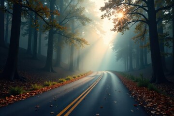 Obraz premium Serene Autumnal Road Winding Through a Misty Forest Bathed in Golden Sunlight