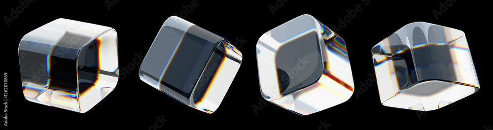 Poster 3d glass holographic transparent cubes with rounded corners isolated on black background. render cry