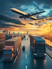 logistics, there are container truck, airplane for import export industry