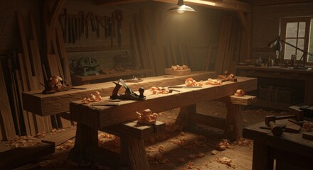 A cozy woodworking shop with a large workbench covered in shavings and wood beams, illuminated by warm light