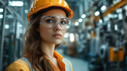 Female engineer engages in detailed machinery inspection in a vibrant factory setting under natural light