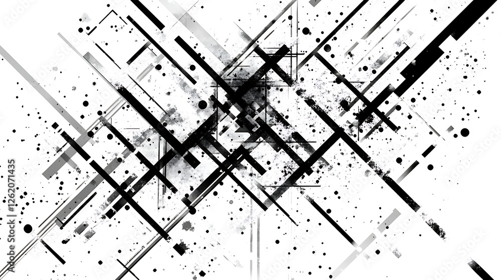 Poster abstract composition with geometric lines and spots creates a dynamic visual black and white pattern