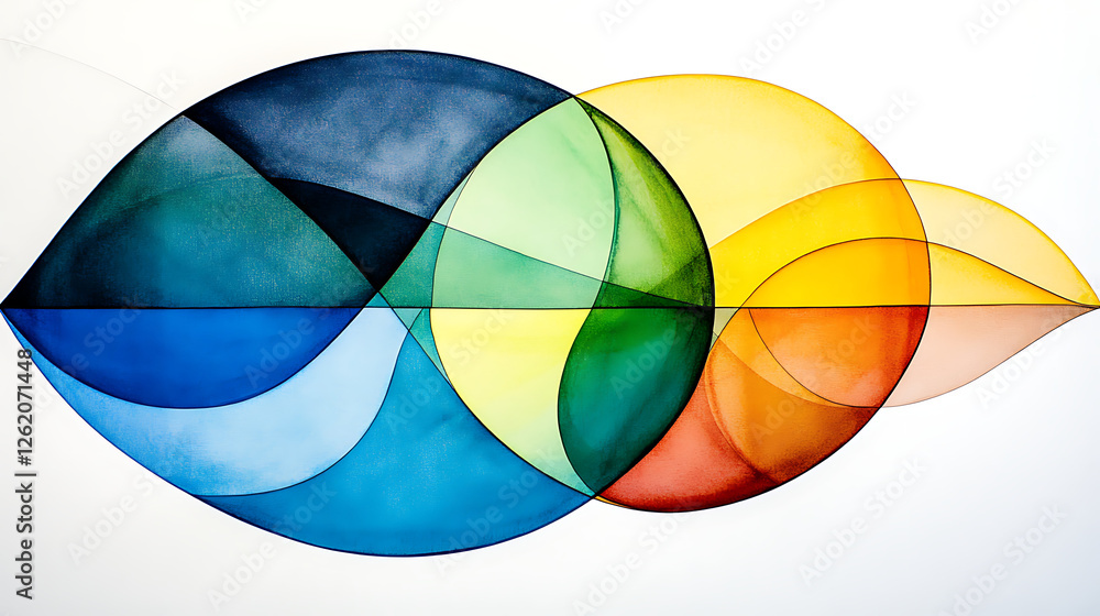 Poster abstract composition of intersecting geometric circular shapes with spectral color overlay design