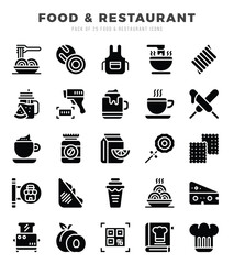Food and Restaurant Glyph icons collection. 25 icon set in a Glyph design.