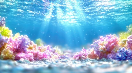 Fototapeta na wymiar Vibrant coral reef underwater scene, sunlight beams, ocean floor