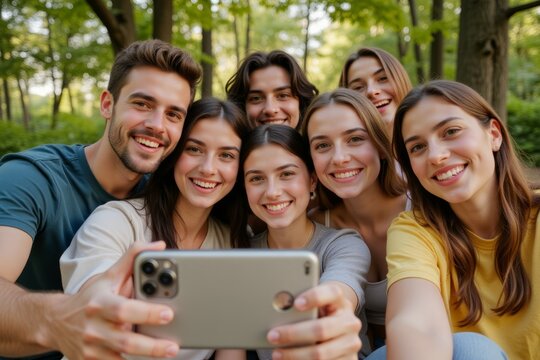 Group of smiling friends takes a selfie outdoors in nature